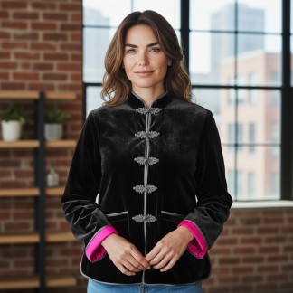 Black velvet coat with plaited buttons